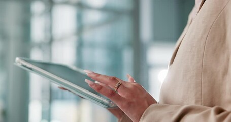 Poster - Tablet, hands and businesswoman in office with search for online stock market, profit or revenue. Digital technology, typing and female financial manager with email for contact with budget report.