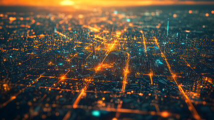 Poster - Futuristic smart city energy grids illuminated at dusk high angle wallpaper background urban landscape technology