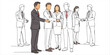 © Bigbambe - Several pairs of individuals from diverse national backgrounds, dressed in professional business attire, exchange handshakes in a formal setting. Their interaction symbolizes collaboration.