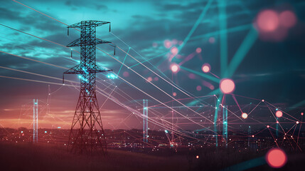 Poster - Futuristic energy grids in smart city frameworks urban background dynamic wallpaper evening environment technological viewpoint