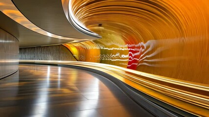 Poster - Colors swirl in a modern underground tunnel designed with vibrant patterns and reflective surfaces in an urban location