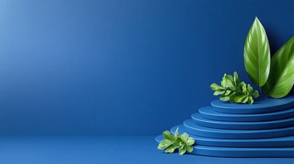 Poster - A vibrant green plant positioned elegantly on a stack of blue plates creating a unique decorative arrangement