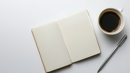 Poster - Cozy workspace with a notebook, pen, and a freshly brewed coffee on a wooden surface for creative planning