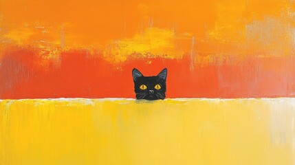  Black cat peeking over wall in vibrant orange and yellow abstract art