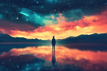 Wall Mural - Silhouetted figure at twilight reflecting on vibrant cosmic landscape
