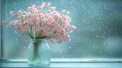 Poster - Beautiful vase of fresh flowers placed on a window sill bringing color and warmth to a cozy rainy day scene