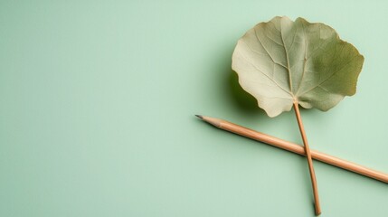 Poster - Fresh green leaf resting next to a pencil symbolizing productivity and creativity in an organized workspace setting