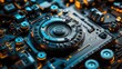 © Ps - Futuristic circular technological device integrating with motherboard