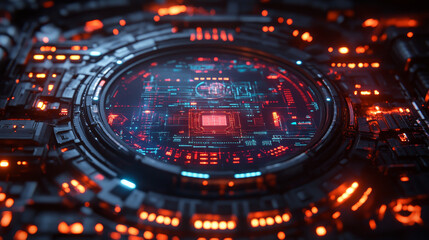 Poster - futuristic cyberpunk interface with glowing elements and circuits