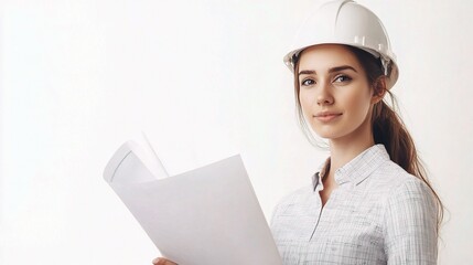 Poster - Focused Female Architect with Blueprints in Professional Setting