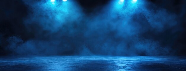 Fototapete - Abstract dark background, glowing light lines on a black asphalt floor with mist and smoke. Neon blue night scene for product presentation in an empty studio. Dark abstract backdrop for the display