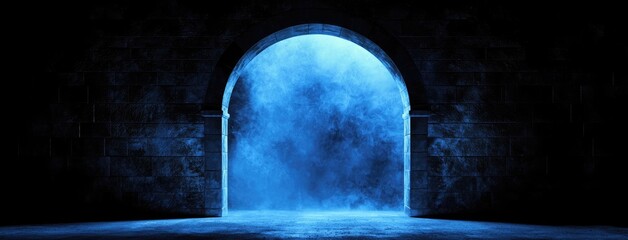Fototapete - Abstract dark background, illuminated with blue light and fog on the asphalt floor. Empty scene for product presentation