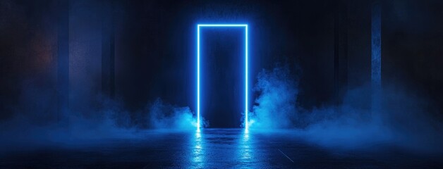 Fototapete - Abstract dark background, illuminated with blue light and fog on the asphalt floor. Empty scene for product presentation