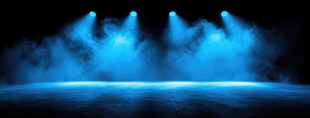 Fototapete - Abstract dark background, illuminated with blue light and fog on the asphalt floor. Empty scene for product presentation