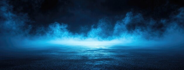 Fototapete - Abstract dark background, illuminated with blue light and fog on the asphalt floor. Empty scene for product presentation
