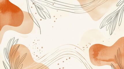 Watercolor abstract background minimalist composition with brown and peach shapes, simple lines, organic forms, beige color palette