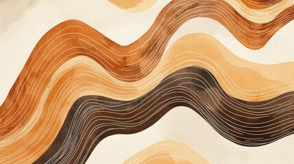 Watercolor abstract background minimalist composition with brown and peach shapes, simple lines, organic forms, beige color palette