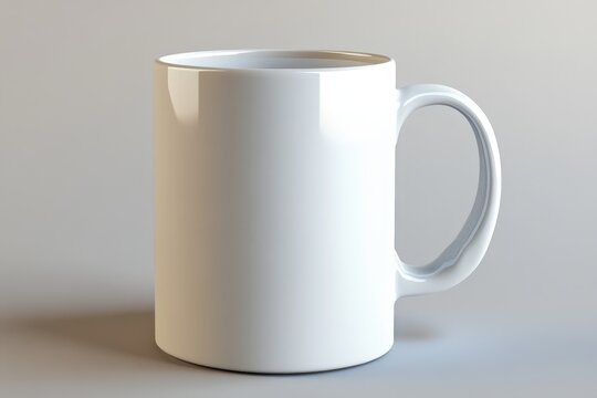 A shiny white ceramic coffee cup with a curved handle