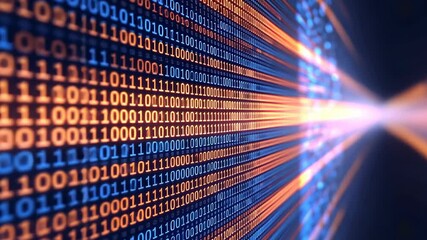 Poster - Visual representation of digital data transmission through binary code and neon light effects at night