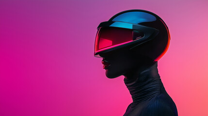 Aufkleber - Futuristic female cyborg model with sleek helmet in vibrant neon lighting. Avant garde and stylish