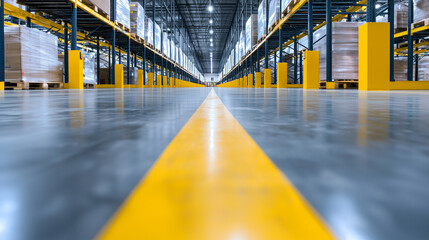 Poster - wide angle view of fulfillment center with bold perspective lines and stacked pallets
