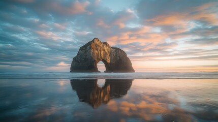 Wall Mural - Stunning sunset at cathedral rock archway reflected in calm ocean waters