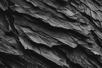 Poster - Close up of tree bark texture with layered, rugged surface in black and white