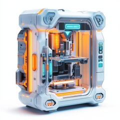 Poster - Advanced 3D Printer Enclosure with Futuristic Design, Featuring Illuminated Components and Modern Aesthetics on a White Background