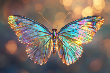 Poster - A radiant butterfly with iridescent wings, sparkling in the light, a symbol of transformation and beauty.