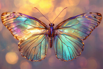 Poster - A stunning iridescent butterfly with shimmering wings, capturing light in a mesmerizing display of color and intricate detail against a bokeh background.
