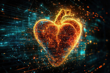 Poster - A glowing, digital heart formed by interconnected networks, representing love, health, technology, and the digital age's impact on emotions.