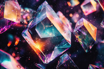 Poster - Floating iridescent crystal cubes against a space background with sparkling stars create a mystical and futuristic aesthetic.