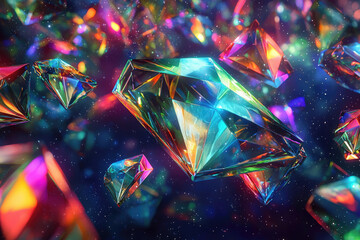 Poster - Floating diamonds in a cosmos of starlight, refracting a spectrum of vivid colors, creating a magical and dazzling celestial display.