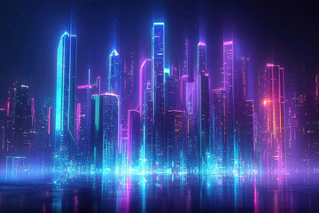 Poster - A futuristic cityscape is illuminated with vibrant neon colors, reflecting in the water creating a dazzling urban panorama at night.