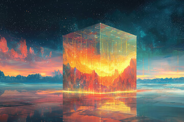 Poster - A glowing, transparent cube stands on a reflective surface under a starry sky and fiery sunset landscape creating futuristic surreal scene.