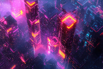 Poster - A vibrant cyberpunk cityscape with tall buildings illuminated by neon lights in shades of pink, purple, and orange, creating a futuristic scene.
