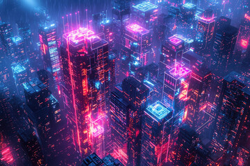 Poster - Aerial view of a futuristic cyberpunk city bathed in neon lights, showcasing glowing skyscrapers and a dynamic urban landscape.