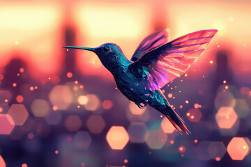Poster - A low-poly hummingbird soars gracefully against a soft bokeh background, blending nature and digital art, with beautiful sunset.