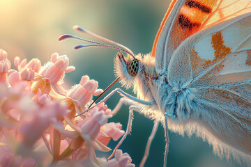 Poster - A beautiful butterfly with orange and white wings is seen close-up, feeding on pink flowers in a soft, dreamy setting.
