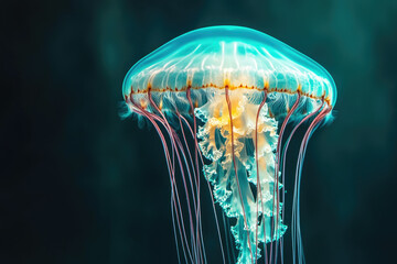 Poster - A mesmerizing jellyfish floats gracefully in the dark water, its translucent body glowing with an ethereal light.