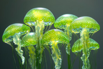 Poster - Luminous green jellyfish with white spots gracefully float in the dark water, creating an ethereal and mesmerizing underwater scene.