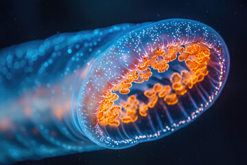 Poster - Glowing siphonophore, a colonial marine animal with orange tentacles, swims in the deep ocean with bioluminescent light against a dark background.