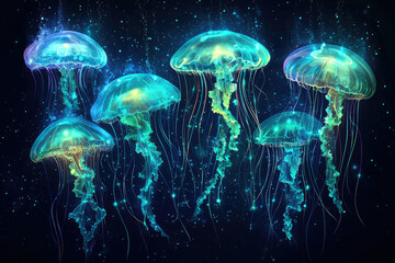 Poster - A group of bioluminescent jellyfish gracefully drifting in the deep ocean, illuminated by ethereal light and surrounded by twinkling stars.