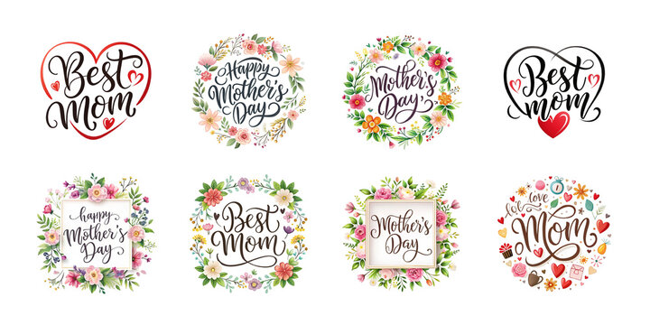 Happy mothers day calligraphy floral text isolated on transparent background