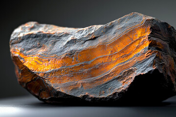 Poster - A piece of raw iron ore showcasing layered patterns with tones of orange, brown, and gray, against a dark background.