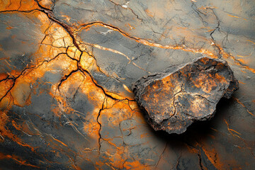 Poster - The image shows a rock on a cracked, textured surface with orange and grey hues creating a striking geological abstract.