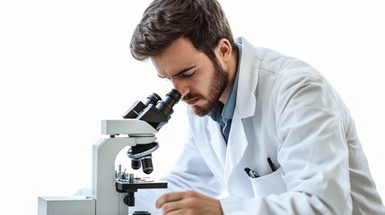 Poster - Medical Researcher in Lab Coat Focusing on Microscope Analysis