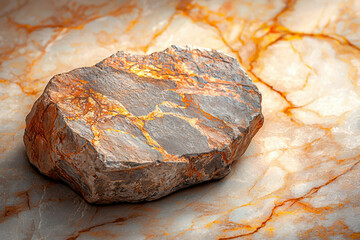 Aufkleber - A textured rock with golden veins sits on a marble surface with similar golden patterns.