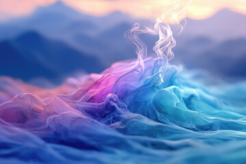Poster - Abstract art featuring vibrant colors, flowing shapes resembling mountains with ethereal smoke against a blurred mountain backdrop in a dreamlike landscape.