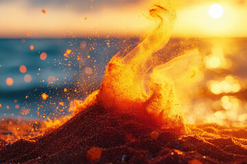Poster - Golden sunlight illuminates a sandcastle on the beach, creating a magical and dreamy atmosphere during sunset.